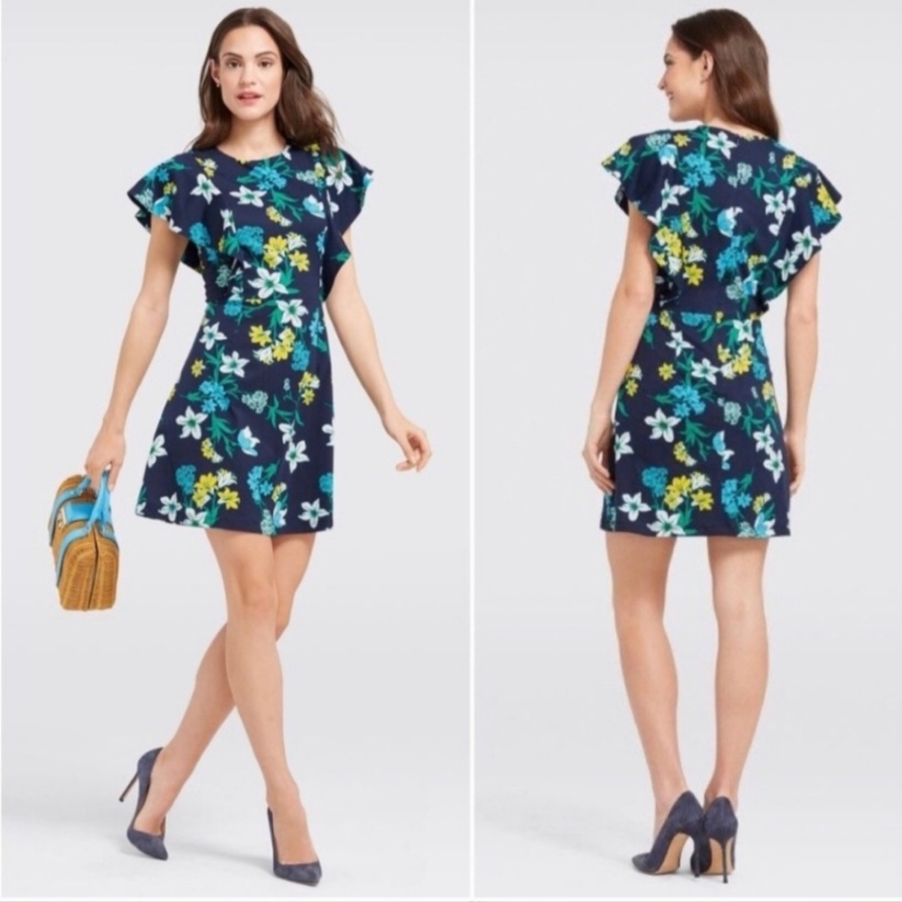 Draper James Elliston Dress In Navy Yellow White Floral Pattern Prima Cotton XS